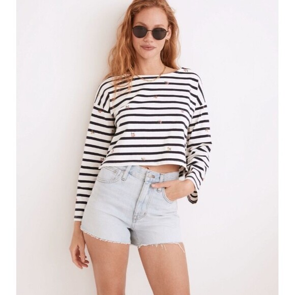 MADEWELL Cross-Stitch Embroidered Supercrop Long-Sleeve Tee in Stripe Medium - Picture 1 of 7
